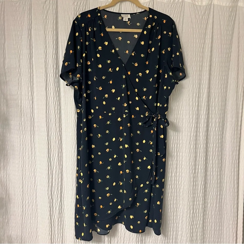 J. Crew Navy Blue Drapey Twill Lemon Print Wrap Dress Women’s Size 20 Plus 2X - Picture 2 of 12